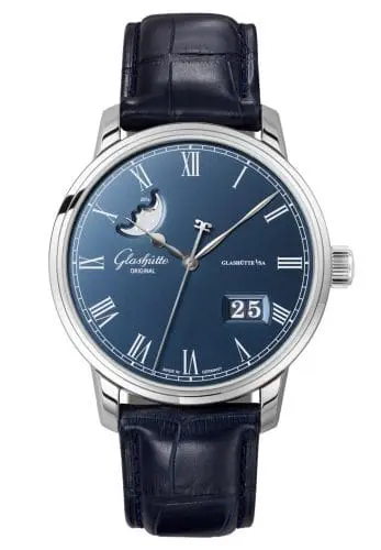 Glashütte Original Senator Panorama Date Moonphase Stainless Steel / Blue / Alligator / Folding 100-04-05-12-30