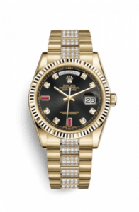 Rolex Day-Date 36 Yellow Gold Fluted / President Diamonds / Black Diamonds Rubies 118238-0405