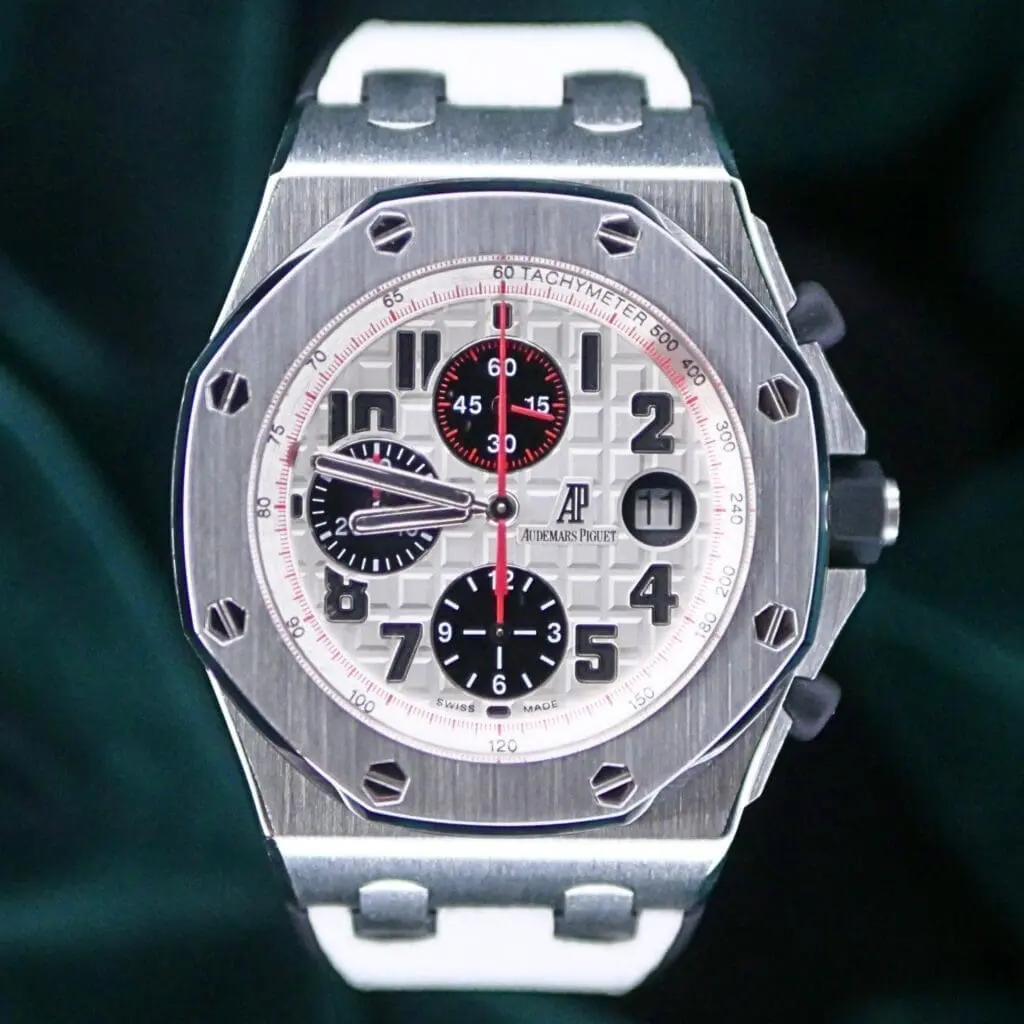 Audemars Piguet Royal Oak Offshore Chronograph Panda 42mm Silver Dial Black Subdials Red Accents Black Rubber Strap 26170ST.OO.D101CR.02