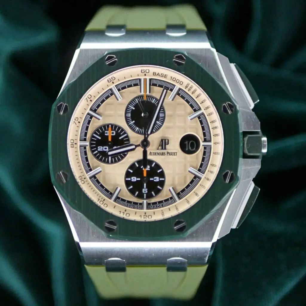 Audemars Piguet Royal Oak Offshore Chronograph "Combat Camo Khaki" 44mm Green Bezel Champagne Dial Ceramic Stainless Steel COMPLETE SET MINT CONDITION EXTRA STRAP 26400SO.OO.A054CA.01