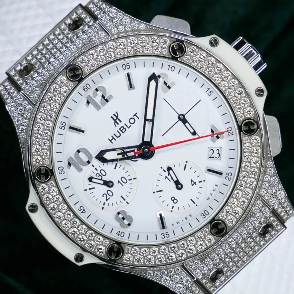 Hublot Big Bang Chronograph St Moritz 41MM White Dial Diamonds Stainless Steel COMPLETE SET MINT CONDITION 342.SE.230.RW.174
