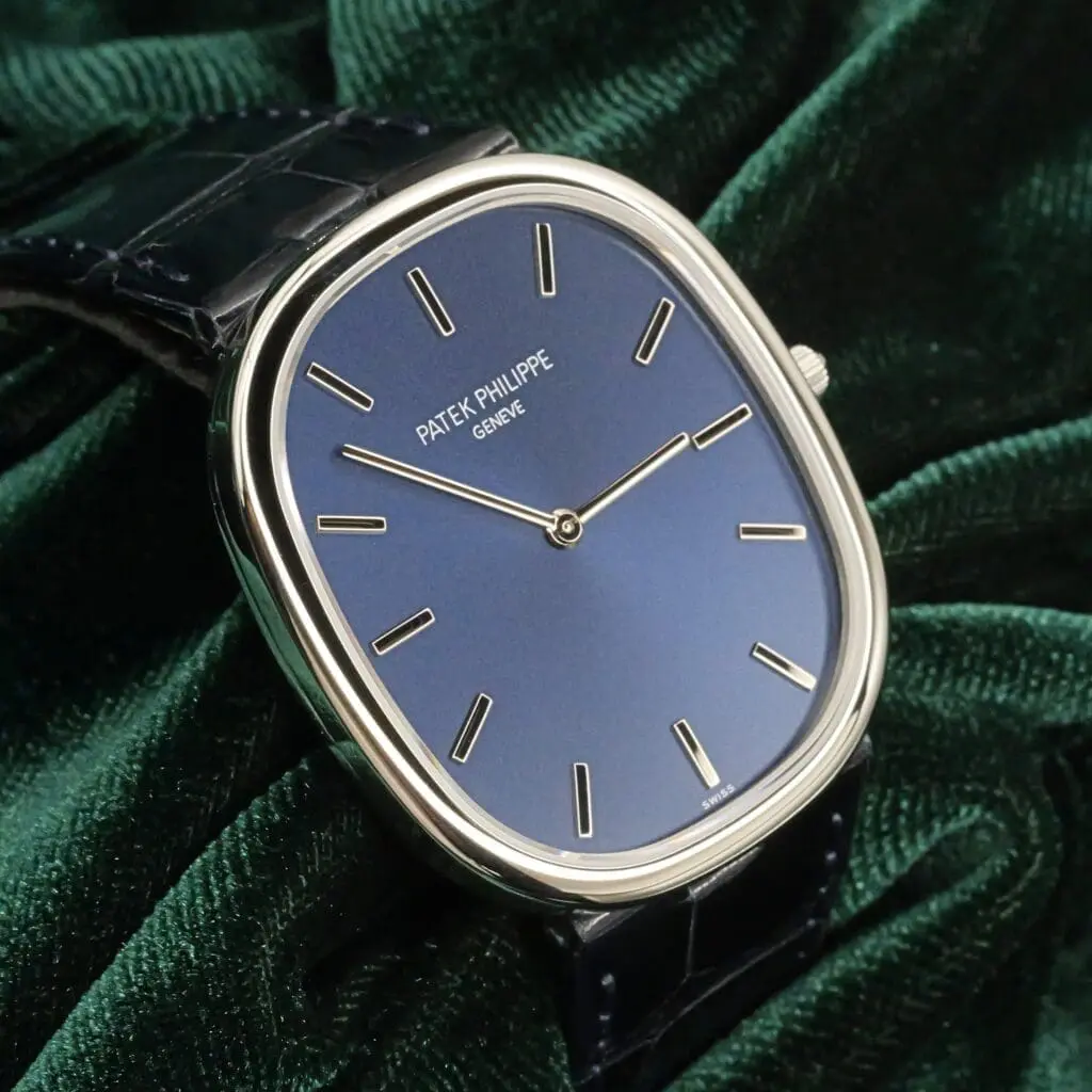 2026 NEW UNWORN Patek Philippe Golden Ellipse 34.5MM Blue Dial Navy Leather Strap Platinum COMPLETE SET 5738P-001