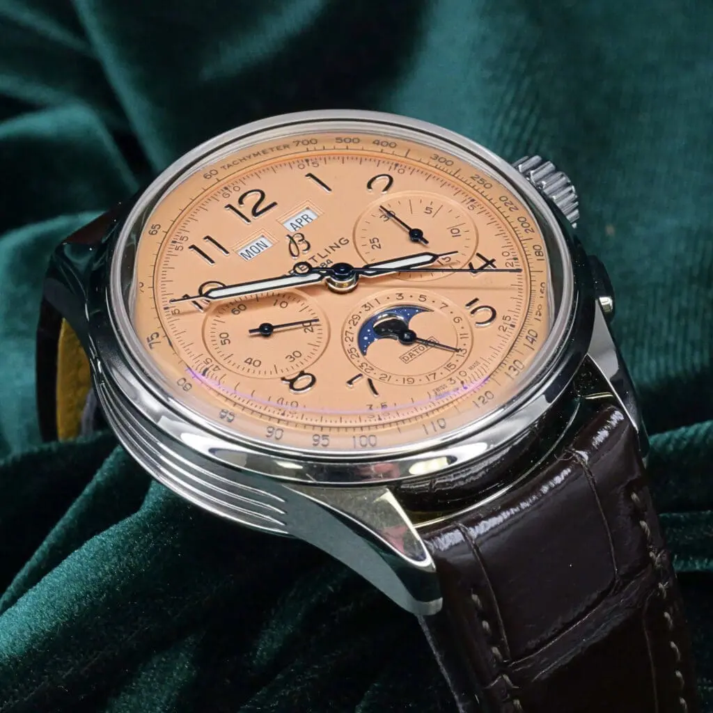 Breitling Premier B25 Datora 42 Salmon Dial Stainless Steel Bezel Brown Leather Strap MINT COMPLETE SET AB2510