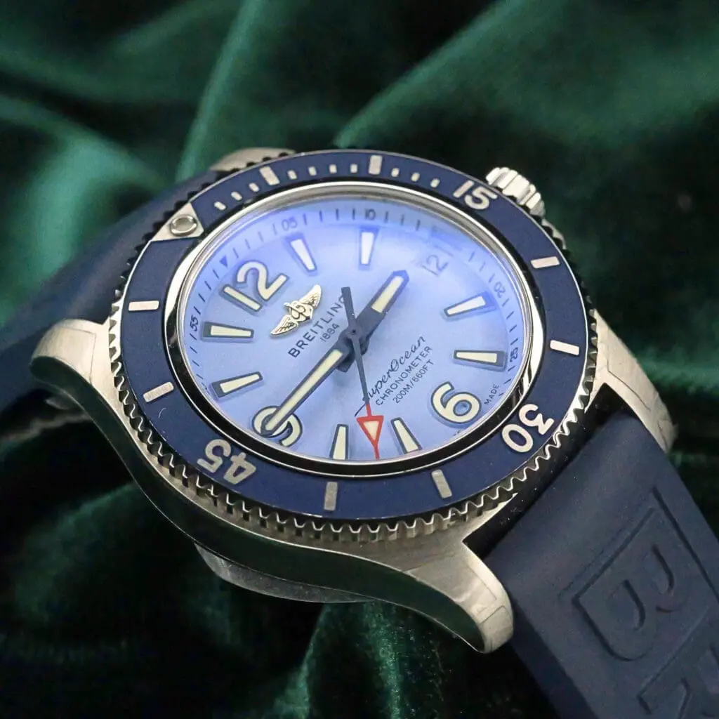 Breitling Superocean 36 Blue Dial Blue Bezel Blue Rubber Strap Stainless Steel MINT CONDITION COMPLETE SET A17316