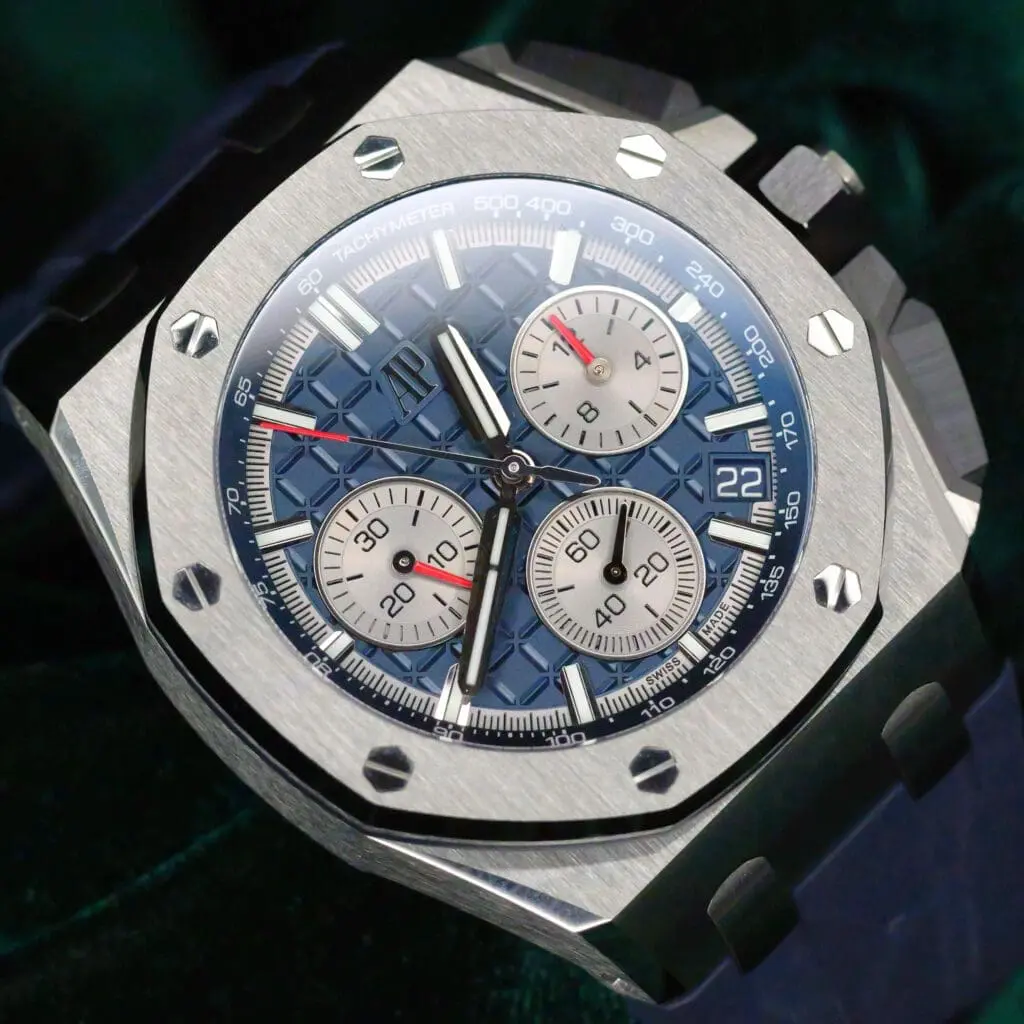 Audemars Piguet Royal Oak Offshore Chronograph Blue Dial Grey Subdials Navy Blue Rubber Strap Titanium 43mm MINT CONDITION COMPLETE SET 26420TI.OO.A027CA.01