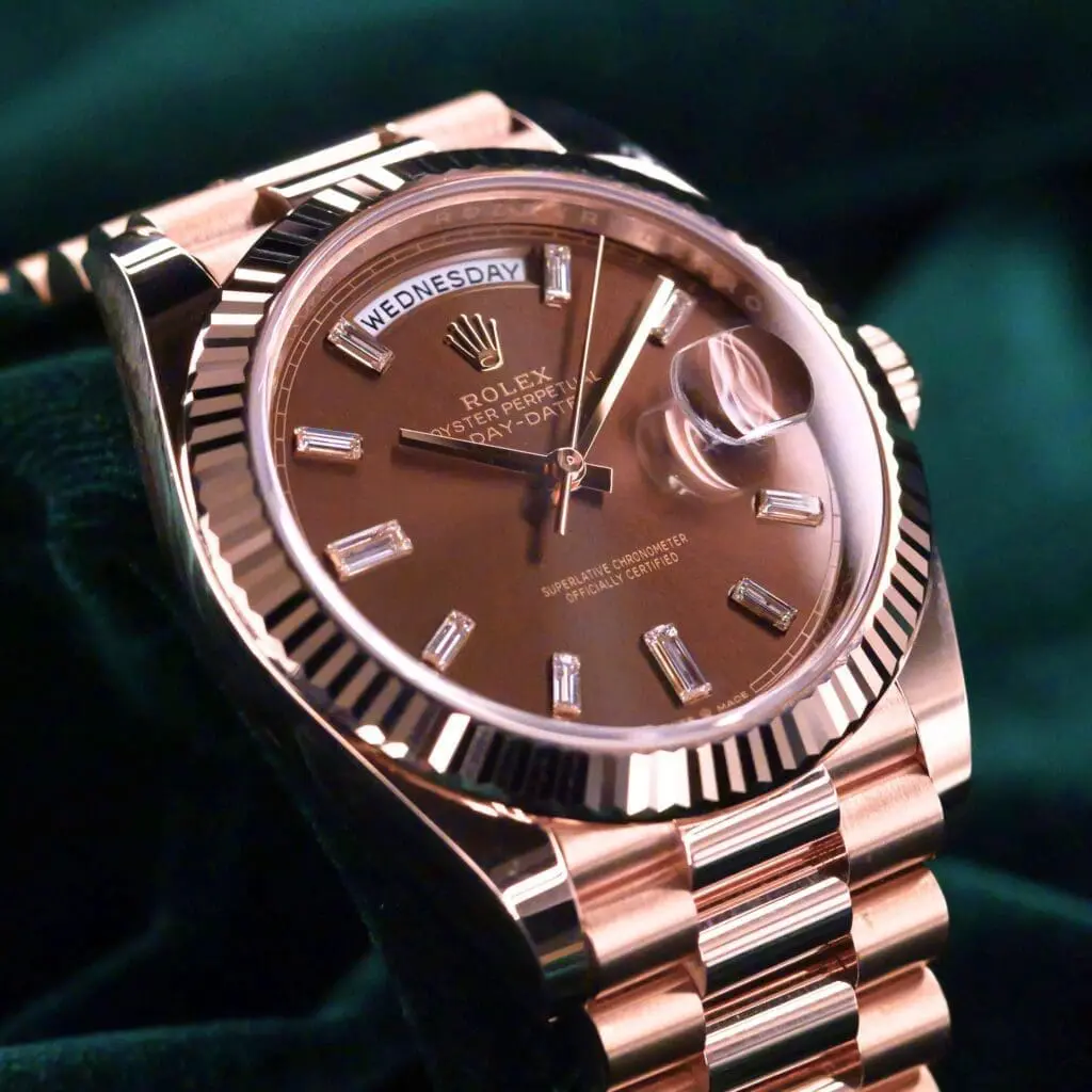 Rolex Day-Date 40 Chocolate Brown Baguette Dial Presidential Bracelet Rose Gold MINT CONDITION COMPLETE SET 228235