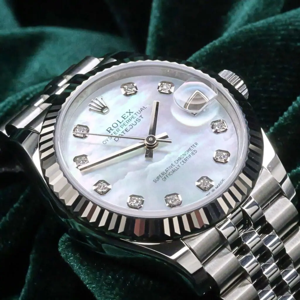 Rolex Lady-Datejust Mother of Pearl Diamond Dial White Gold Fluted Bezel Jubilee Bracelet Stainless Steel 31mm MINT CONDITION COMPLETE SET 278274