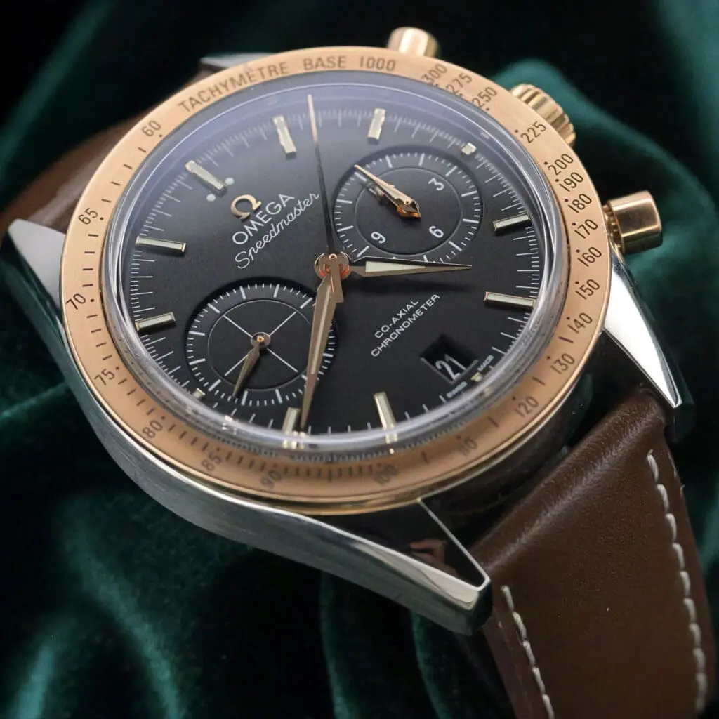 Omega Speedmaster '57 Black Dial Two-Tone Stainless Steel Rose Gold Brown Leather Strap 41.5mm MINT CONDITION COMPLETE SET 331.22.42.51.01.001