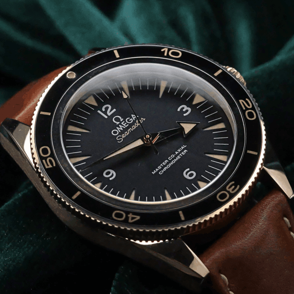 Omega Seamaster 300 Master Co-Axial Sedna Black Heritage Dial Black Bezel Brown Leather Strap Rose Gold 41mm MINT CONDITION COMPLETE SET 233.62.41.21.01.002