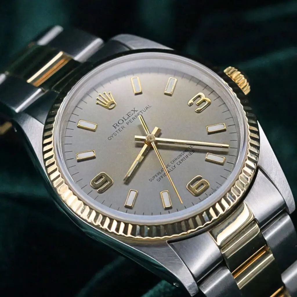 Rolex Oyster Perpetual 34 Grey Dial Two Tone Yellow Gold Stainless Steel MINT CONDITION COMPLETE SET 14233