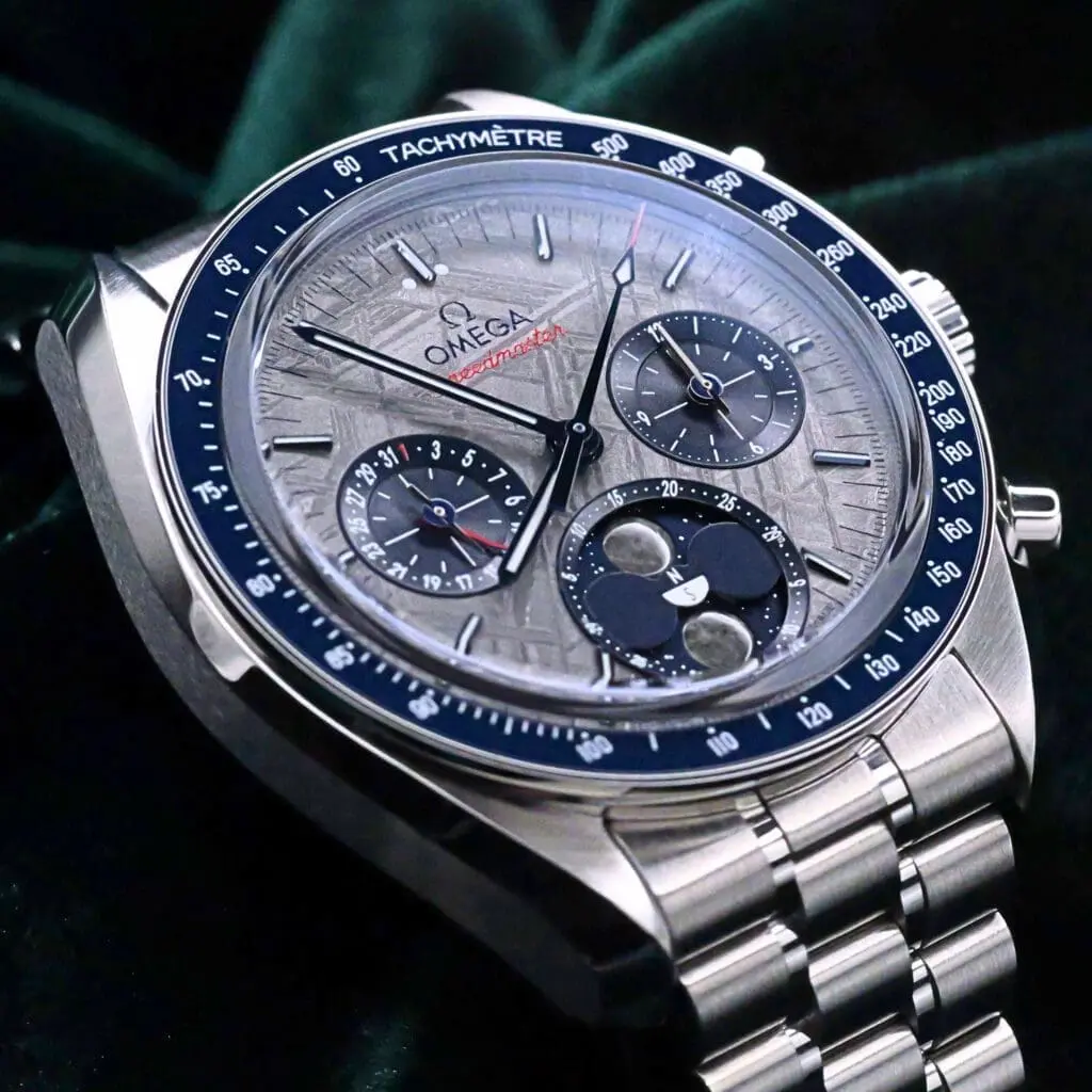 2025 Omega Speedmaster Moonphase Meteorite Grey Dial Navy Blue Sub Dials Blue Ceramic Bezel Stainless Steel 43mm MINT CONDITION COMPLETE SET 304.30.43.52.06.001