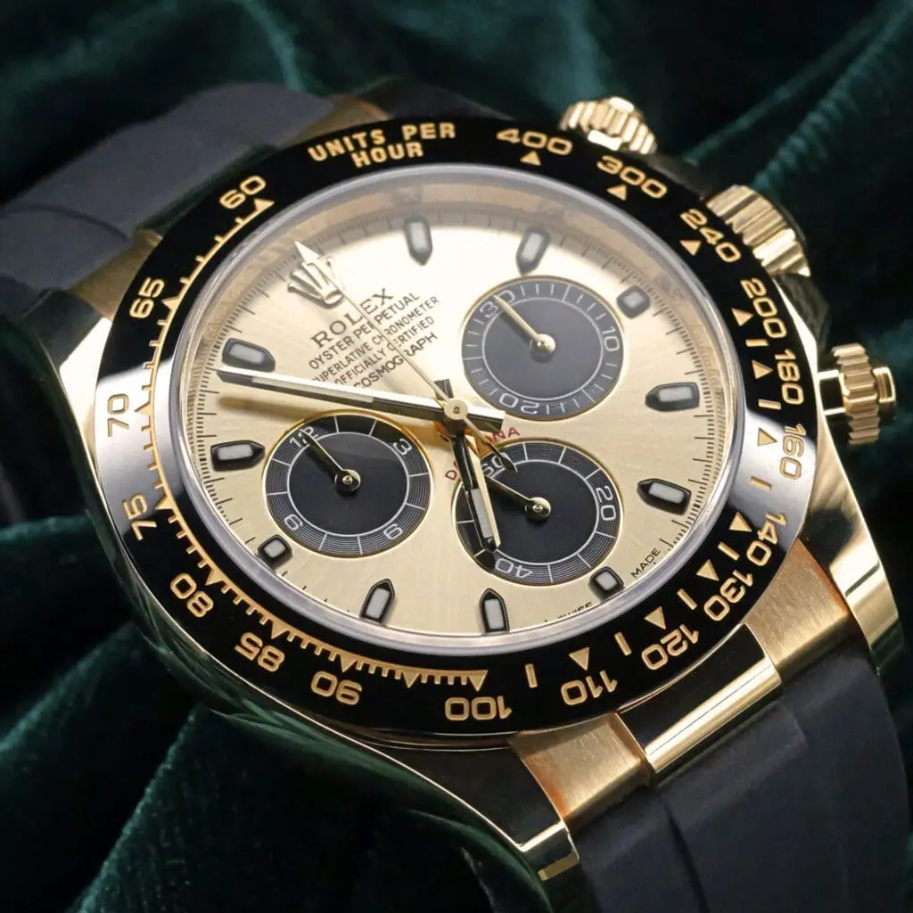 Rolex Daytona "Pikachu" Champagne Dial Black Ceramic Bezel Black Rubber Strap Yellow Gold 40mm MINT CONDITION COMPLETE SET 116518LN