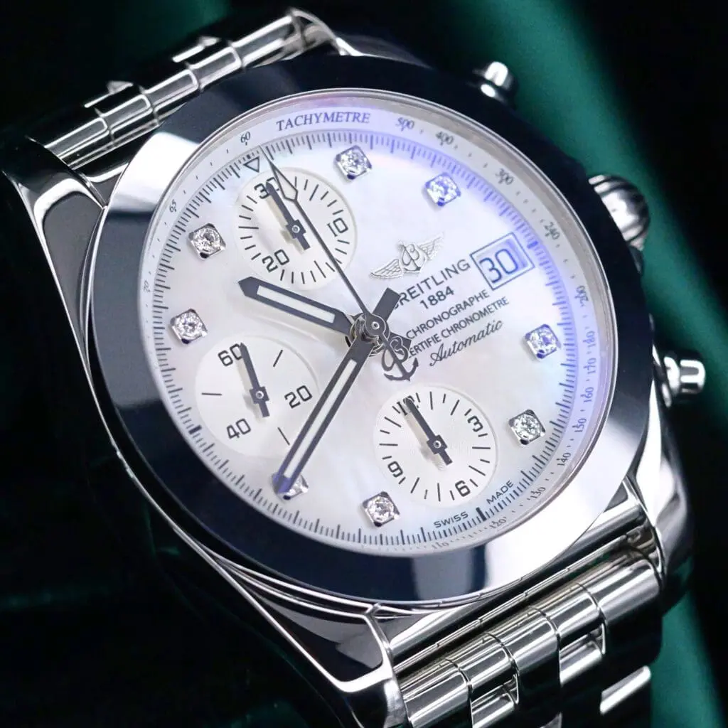 Breitling Chronomat 38 Mother of Pearl Dial Diamond Indices Stainless Steel MINT CONDITION COMPLETE SET W1331012