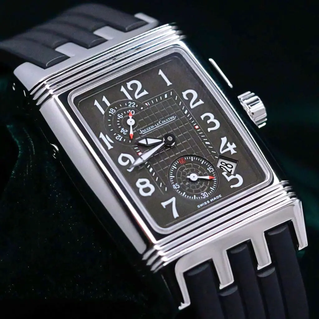 Jaeger-LeCoultre Reverso Gran Sport Black White Dial Black Rubber Strap Stainless Steel 28mm MINT CONDITION COMPLETE SET 295.8.51