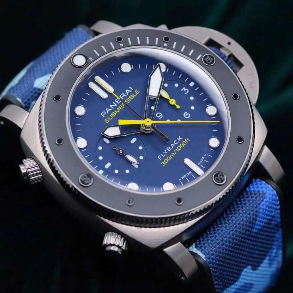 Panerai Submersible Flyback Chronograph Mike Horn Edition Blue Dial Blue Camo Textile Rubber Strap 47mm MINT CONDITION COMPLETE SET PAM01291