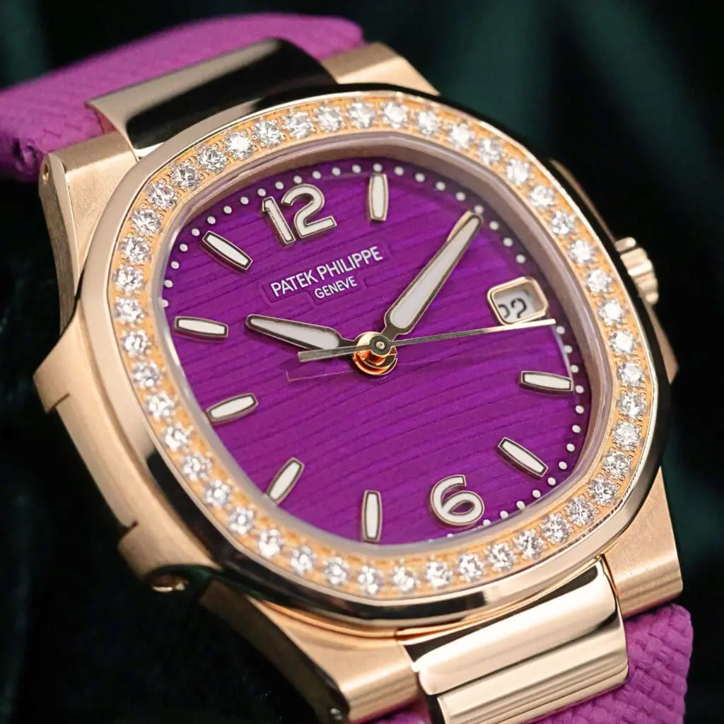 Patek Philippe Nautilus Purple Dial Diamond Bezel Purple Textile Strap Rose Gold 32mm MINT CONDITION COMPLETE SET 7010R-013