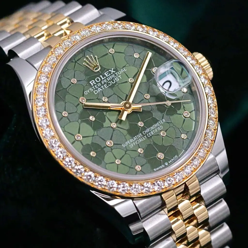 Rolex Datejust Olive Green Floral Dial Diamond Bezel Jubilee Bracelet Two-tone Yellow Gold Stainless Steel 31mm MINT CONDITION COMPLETE SET 278383RBR-0032