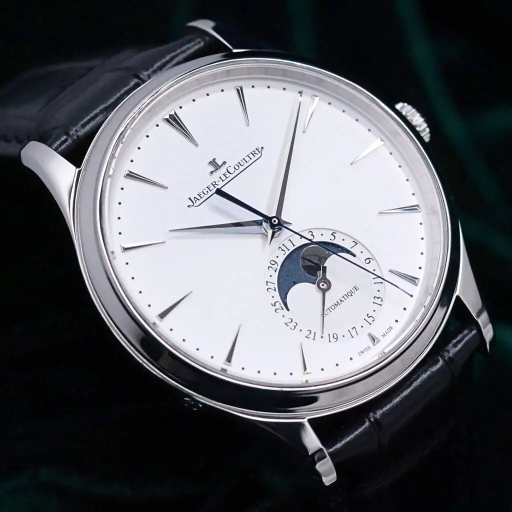 Jaeger-LeCoultre Master Ultra Thin Moon Silvered Grey Sunburst Dial Leather Strap Stainless Steel 39mm MINT CONDITION COMPLETE SET Q1368430