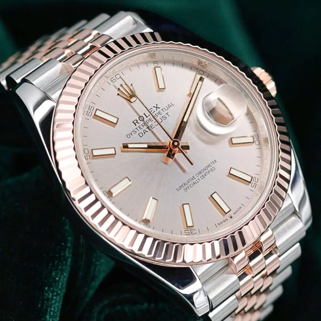 Rolex Datejust Sundust Silver Dial Fluted Bezel Jubilee Bracelet Two-Tone 18K Rose Gold Stainless Steel 41mm MINT CONDITION COMPLETE SET 126331