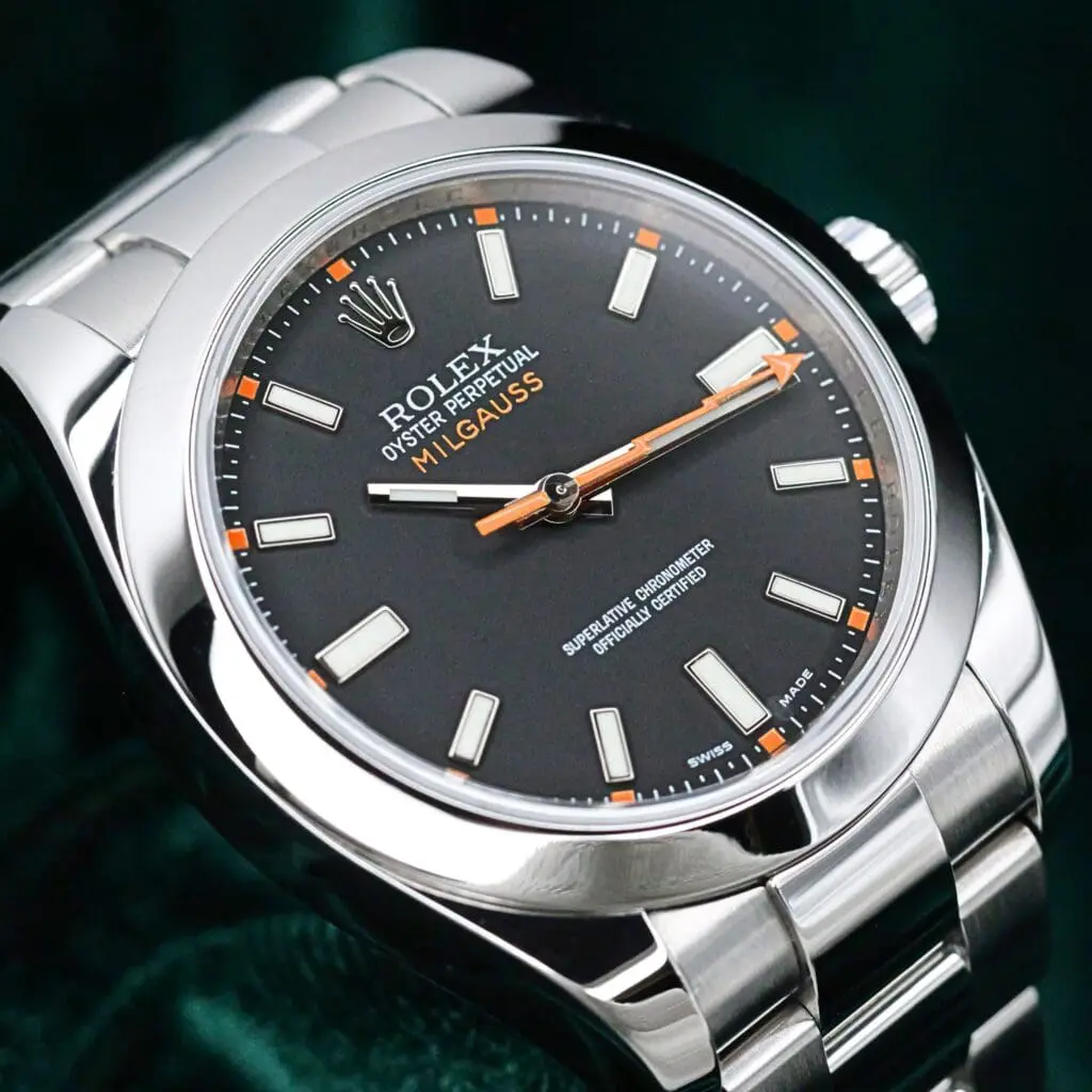 Rolex Milgauss Black Dial Orange Accents Smooth Bezel Oyster Steel Bracelet Stainless Steel 40mm MINT CONDITION COMPLETE SET 116400