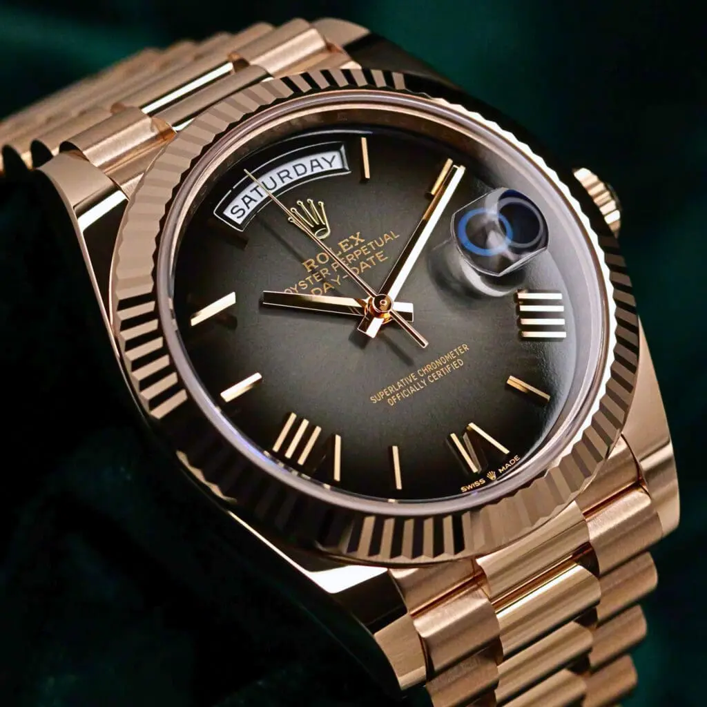 2025 NEW UNWORN Rolex Day-Date 40 Slate Ombré Dial Fluted Bezel President Bracelet 18K Everose Gold 40mm COMPLETE SET 228235