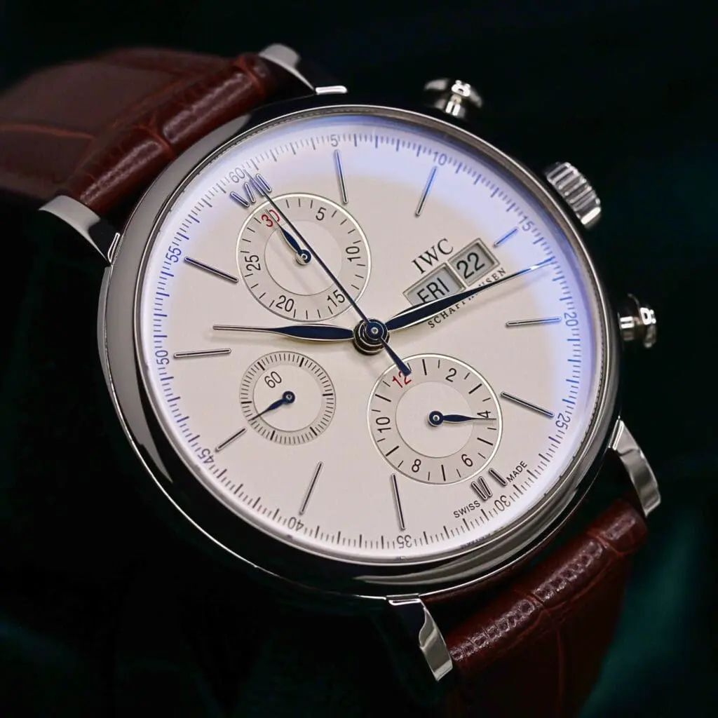 IWC Portofino Chronograph Silver Dial Brown Leather Strap Stainless Steel 42mm MINT CONDITION COMPLETE SET IW391027