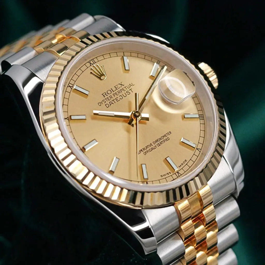 Rolex Datejust 36 Champagne Gold Dial Fluted Bezel Jubilee Bracelet Two Tone 18K Yellow Gold Stainless Steel MINT CONDITION FULL SET 116233