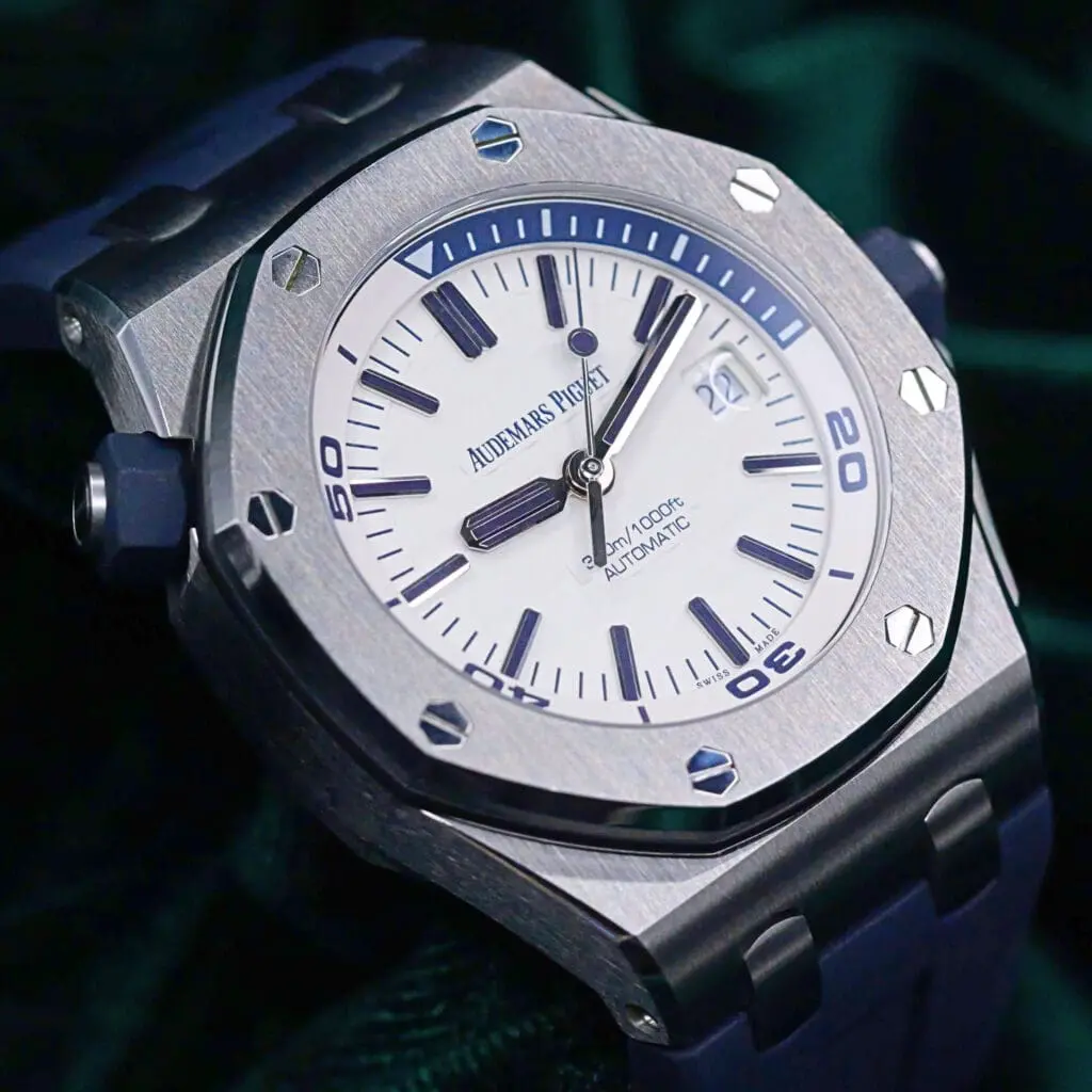 Audemars Piguet Royal Oak Offshore Diver “Admiral” White Dial Blue Accents Blue Rubber Strap Stainless Steel 42mm MINT CONDITION COMPLETE SET 15710ST.OO.A010CA.01