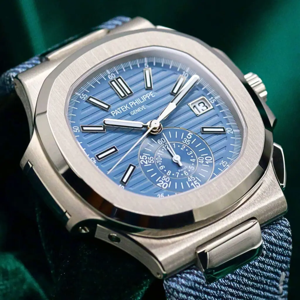 2025 Patek Philippe Nautilus Flyback Chronograph Blue Dial 18K White Gold Blue Calfskin Denim Strap 40.5mm MINT CONDITION COMPLETE SET 5980/60G-001