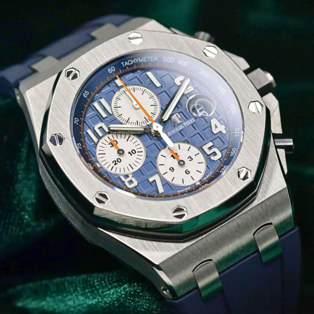 Audemars Piguet Royal Oak Offshore Chronograph "Navy" Blue Dial Orange Accents Navy Blue Rubber Strap Stainless Steel 42mm MINT CONDITION 26470ST.OO.A027CA.01
