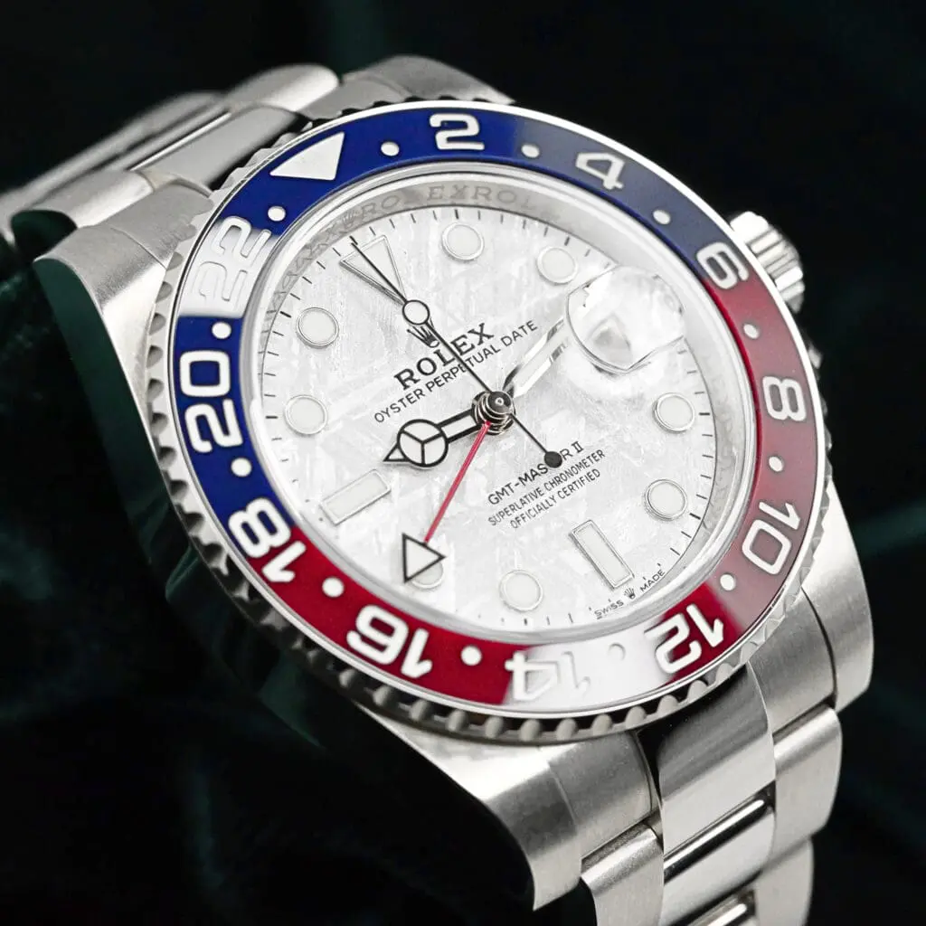 Rolex GMT Master II "Pepsi" Meteorite Dial Blue Red Ceramic Bezel Oyster Bracelet 18K White Gold 40mm MINT CONDITION COMPLETE SET 126719BLRO