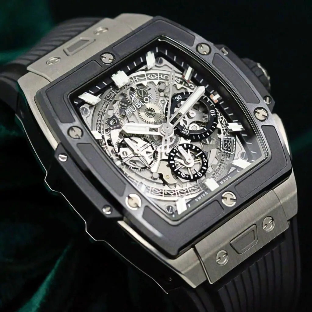 Hublot Spirit of Big Bang Skeleton Dial Black Ceramic Bezel Black Rubber Strap Titanium 42mm MINT CONDITION COMPLETE SET 642.NM.0170.RX