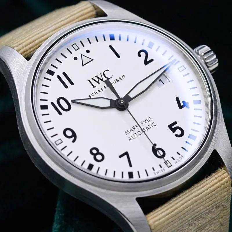 IWC Pilot's Watch Mark XVIII Silver Dial Beige Strap Stainless Steel 40mm MINT CONDITION COMPLETE SET IW327017