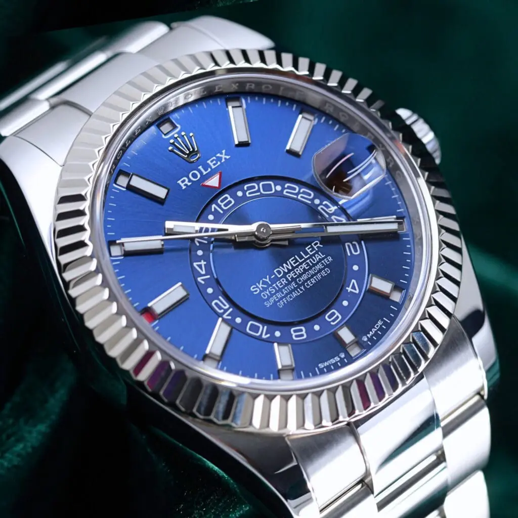 2025 Rolex Sky-Dweller Blue Dial 18K White Gold Fluted Bezel Stainless Steel Oyster Bracelet 42mm MINT CONDITION COMPLETE SET 336934-0005