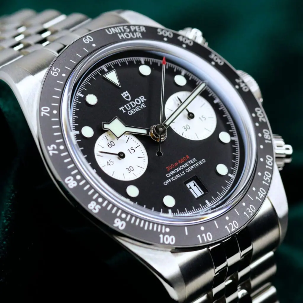 Tudor Black Bay Chrono Reverse Panda Black Dial Black Bezel Stainless Steel 5-Link Bracelet 41mm MINT CONDITION COMPLETE SET 79360N-0013