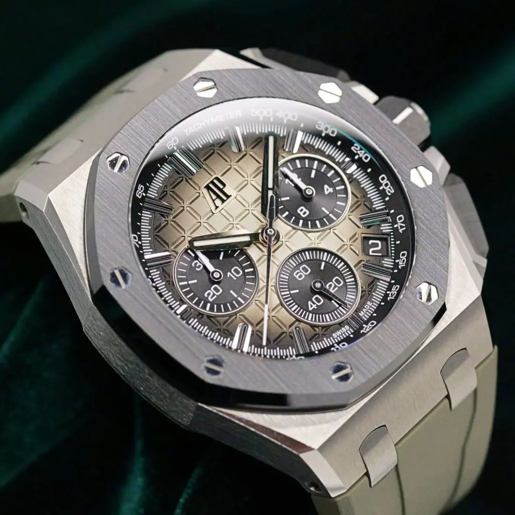Audemars Piguet Royal Oak Offshore Chronograph Smoked Taupe Dial Black Subdials Black Ceramic Bezel Light Brown Rubber Strap Stainless Steel 43mm MINT CONDITION COMPLETE SET 26420SO.OO.A600CA.01