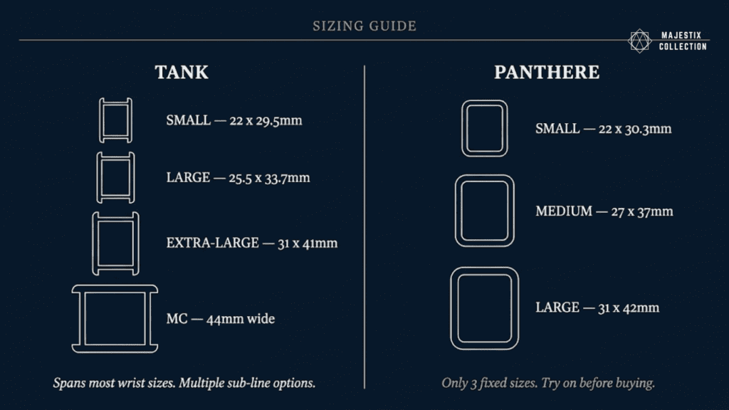 Cartier Tank vs Panthère full sizing range comparison with case dimensions