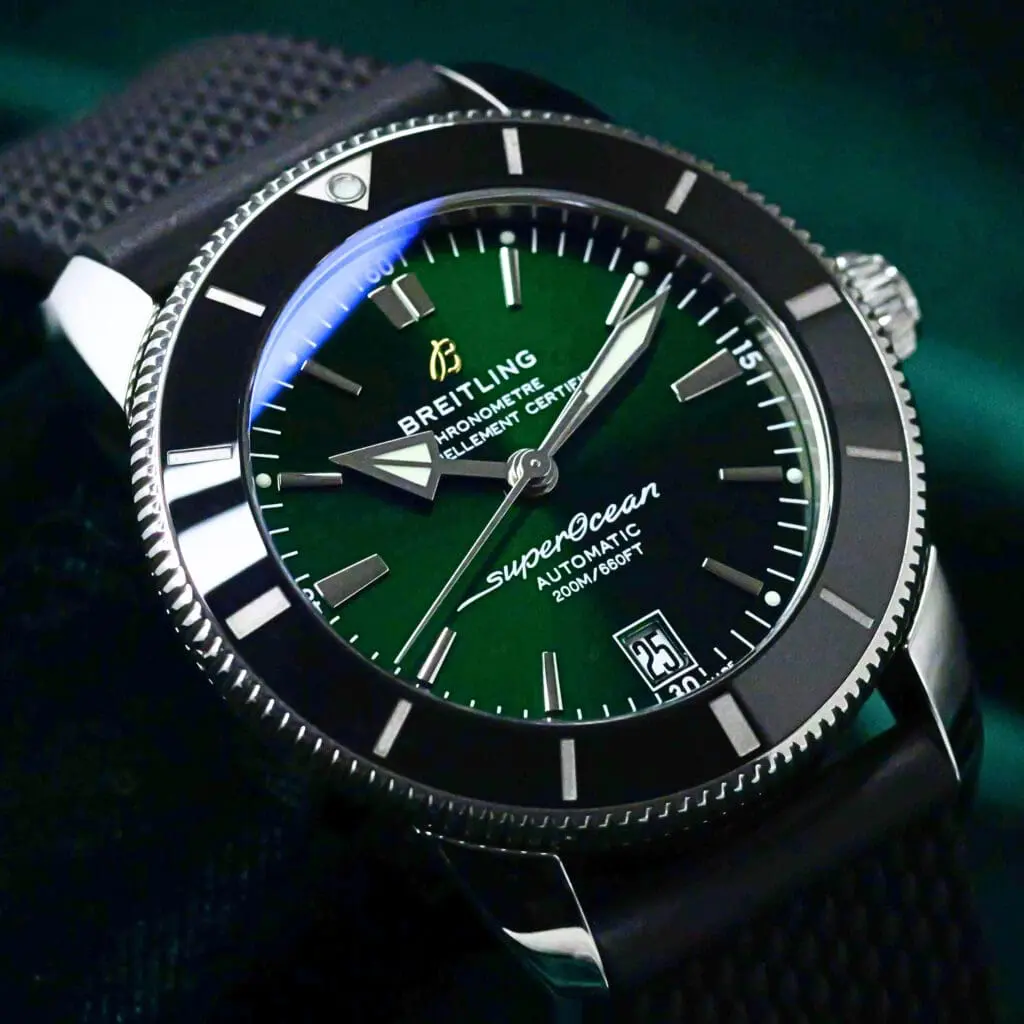 Breitling Superocean Heritage II  Green Dial Black Ceramic Bezel Black Rubber Strap Stainless Steel 42mm MINT CONDITION COMPLETE SET AB2010121L1S1