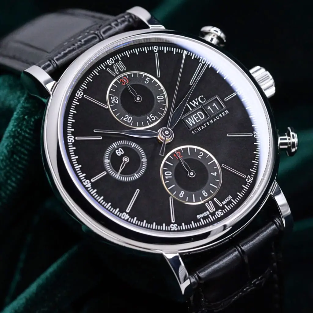 IWC Portofino Chronograph Black Dial Black Leather Strap Stainless Steel 42mm MINT CONDITION COMPLETE SET IW391008