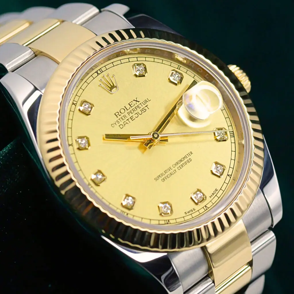 Rolex Datejust 41 Champagne Dial Diamond Markers Fluted Bezel Oyster Bracelet Two-Tone 18K Yellow Gold Stainless Steel MINT CONDITION COMPLETE SET 126333