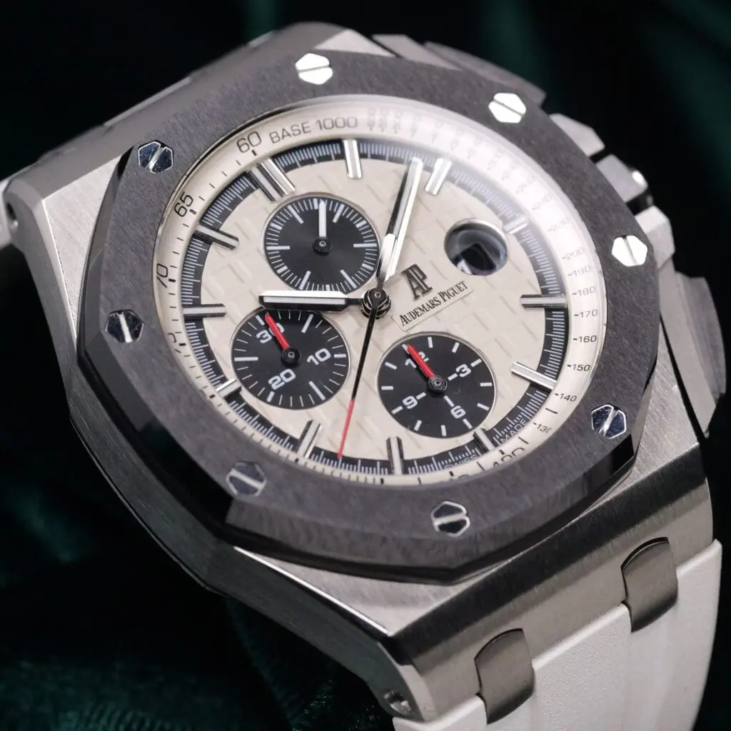 Audemars Piguet Royal Oak Offshore Chronograph "Panda" White Dial Black Ceramic Bezel White Rubber Strap 44mm MINT CONDITION 26400SO.OO.A002CA.01