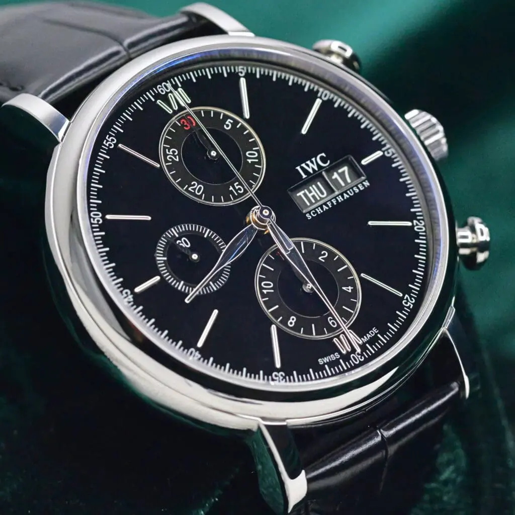 IWC Schaffhausen Portofino Chronograph Black Dial Stainless Steel Black Leather Strap 42mm MINT CONDITION COMPLETE SET IW391002