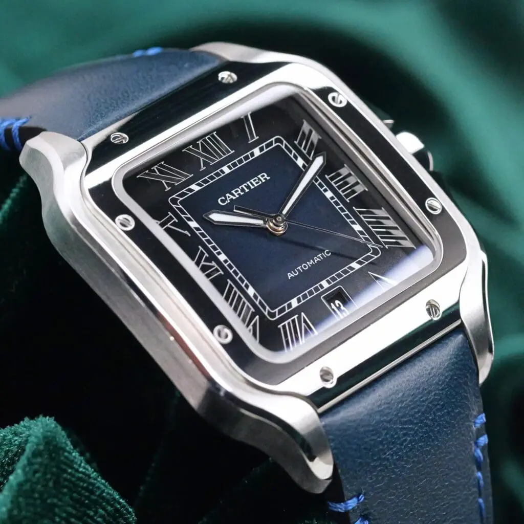 Cartier Santos Large Blue Dial Blue Calfskin Leather Strap Stainless Steel 39.8mm MINT CONDITION COMPLETE SET WSSA0030