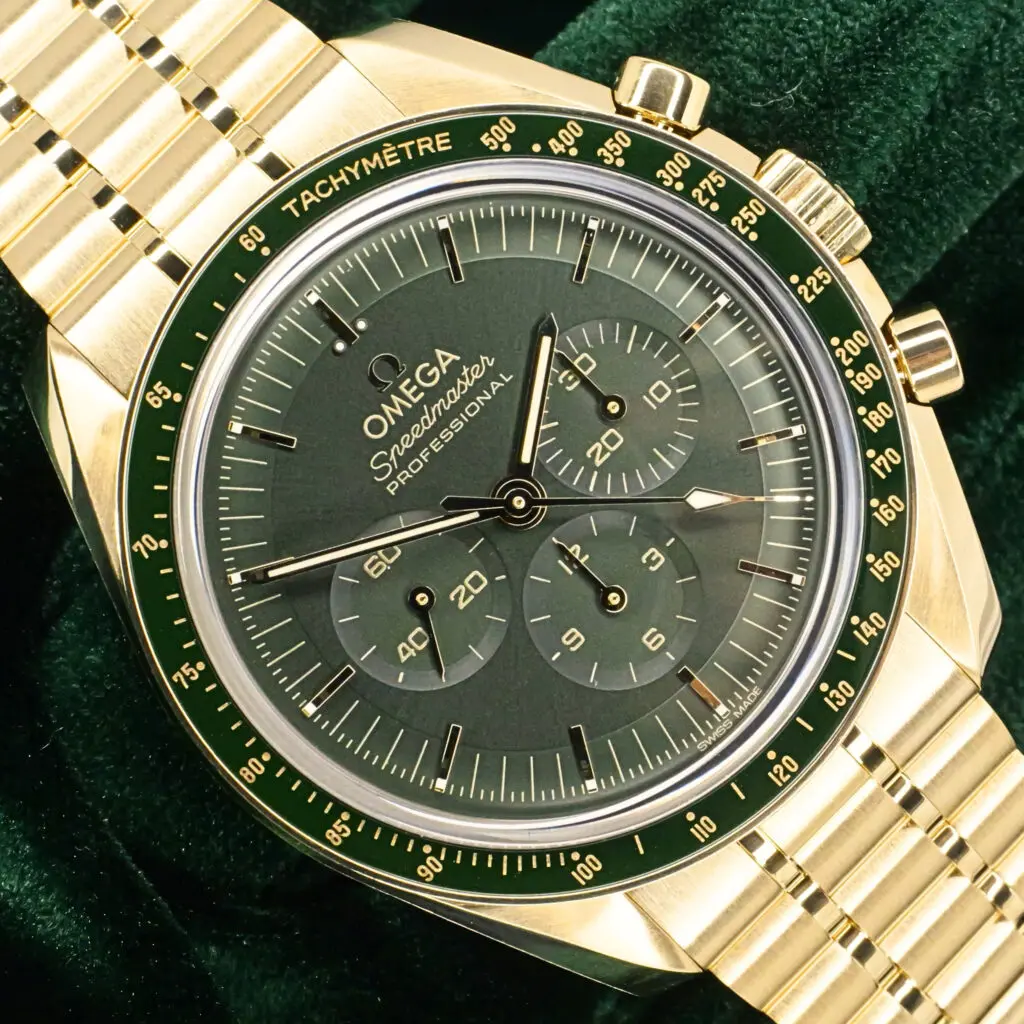 Omega Speedmaster Professional Moonwatch "Moonshine" Green Dial 18K Yellow Gold 42mm MINT CONDITION COMPLETE SET 310.60.42.50.10.001