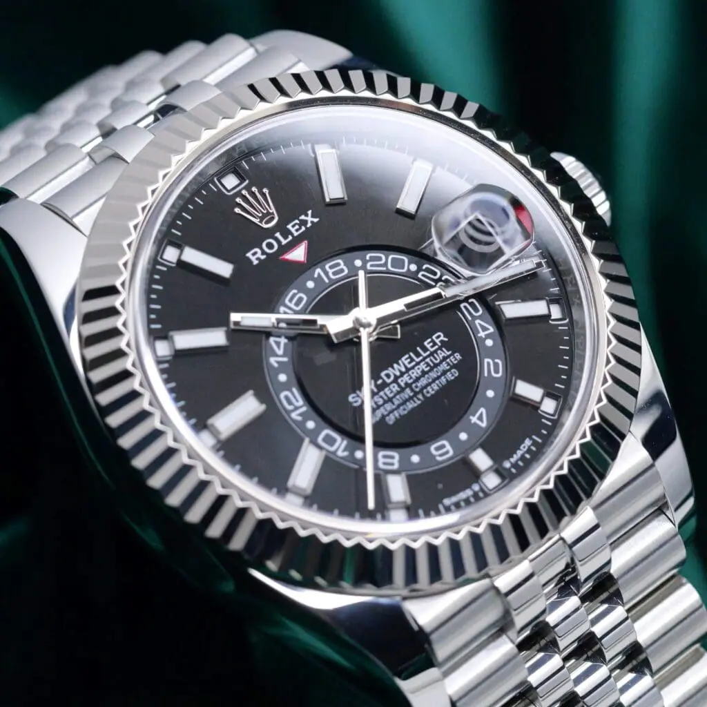 Rolex Sky-Dweller Black Dial Fluted Bezel Jubilee Bracelet Stainless Steel 42mm MINT CONDITION COMPLETE SET 336934