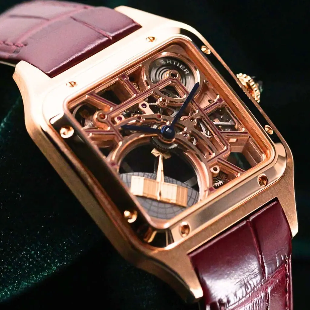Cartier Santos-Dumont Micro-Rotor Skeleton Dial 18K Rose Gold Burgundy Alligator Strap 31mm MINT CONDITION COMPLETE SET WHSA0030