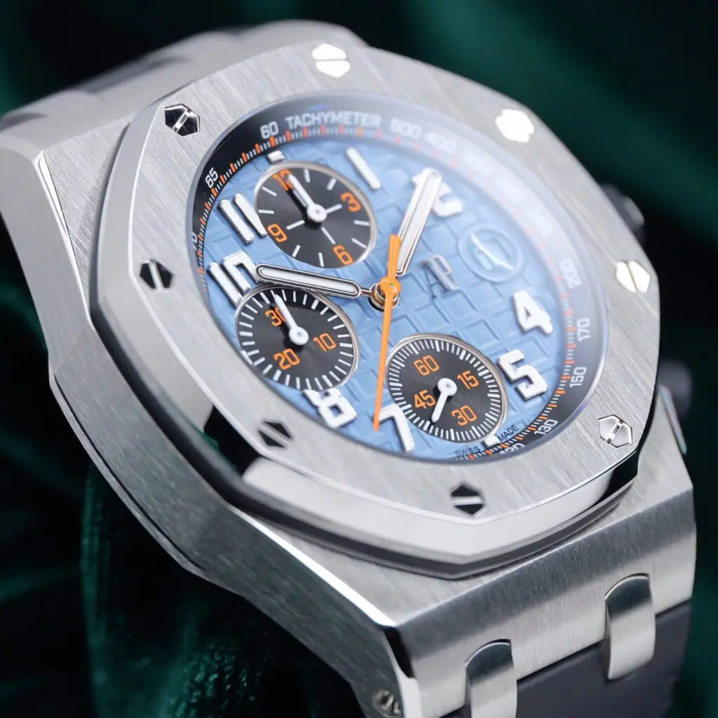 Audemars Piguet Royal Oak Offshore Chronograph "Tiffany" Baby Blue Dial Black Leather Strap Stainless Steel 42mm MINT CONDITION COMPLETE SET 26238ST.OO.A340CA.01