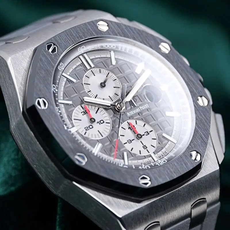 Audemars Piguet Royal Oak Offshore Chronograph Slate Grey Dial Black Ceramic Bezel Grey Rubber Strap Titanium 44mm MINT CONDITION COMPLETE SET 26400IO.OO.A004CA.01