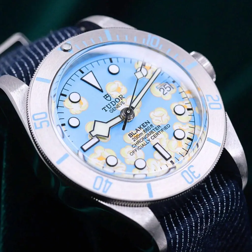Tudor Black Bay Blaken "Popcorn" Baby Blue Dial Stainless Steel Bezel Navy Textile Strap 41mm MINT CONDITION COMPLETE SET 79730