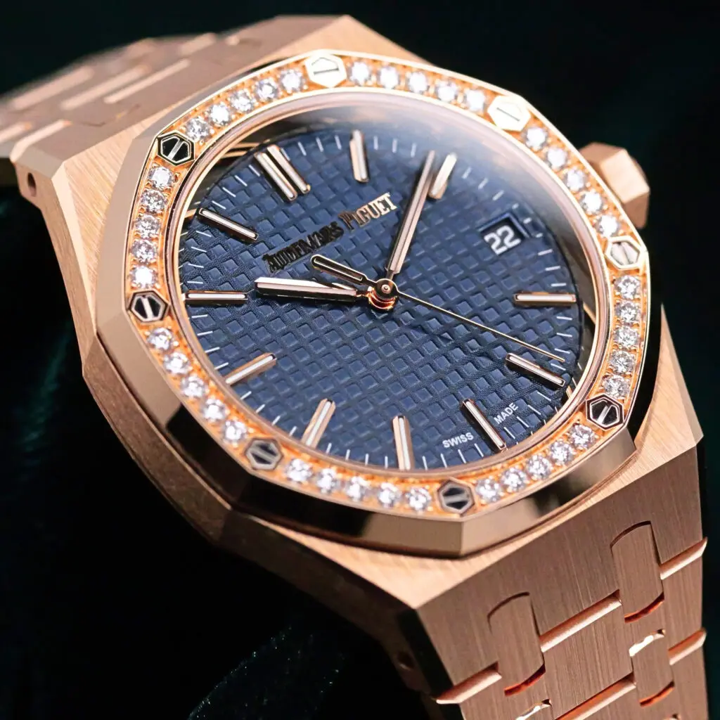 Audemars Piguet Royal Oak Selfwinding "50th Anniversary" Bleu Nuit Nuage 50 Blue Dial Diamond Bezel 18K Rose Gold 37mm MINT CONDITION COMPLETE SET 15551OR.ZZ.1356OR.02